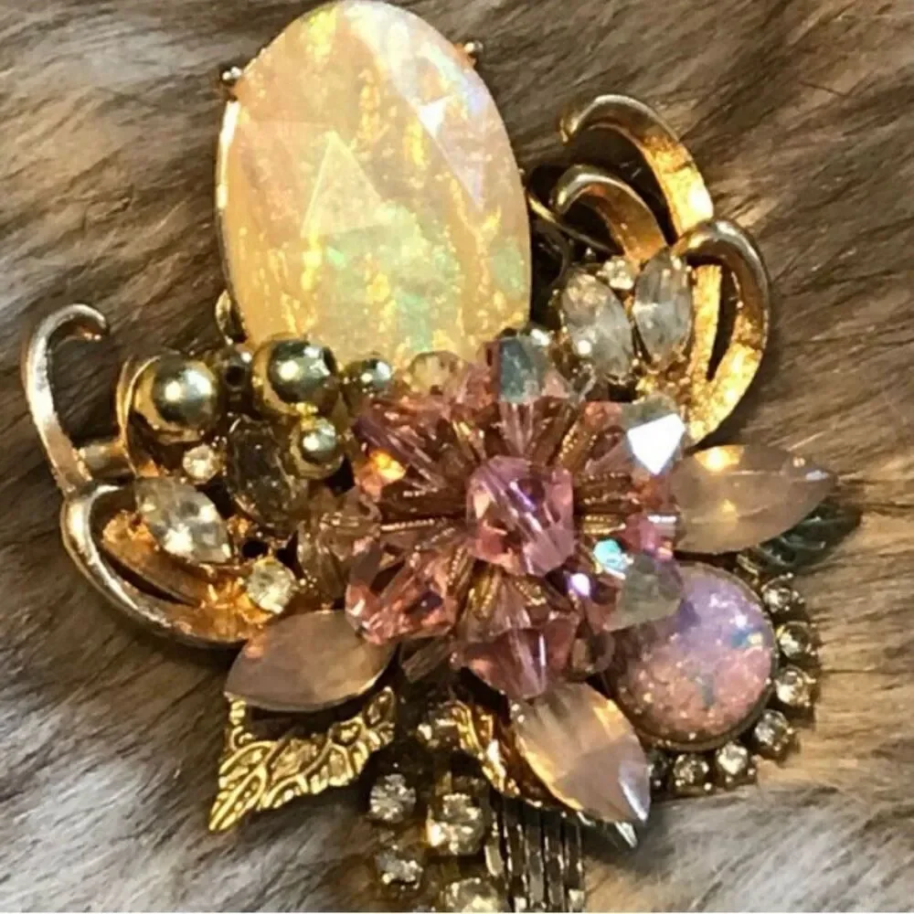Pink Faux Opal and Gold Beaded Brooch Pin